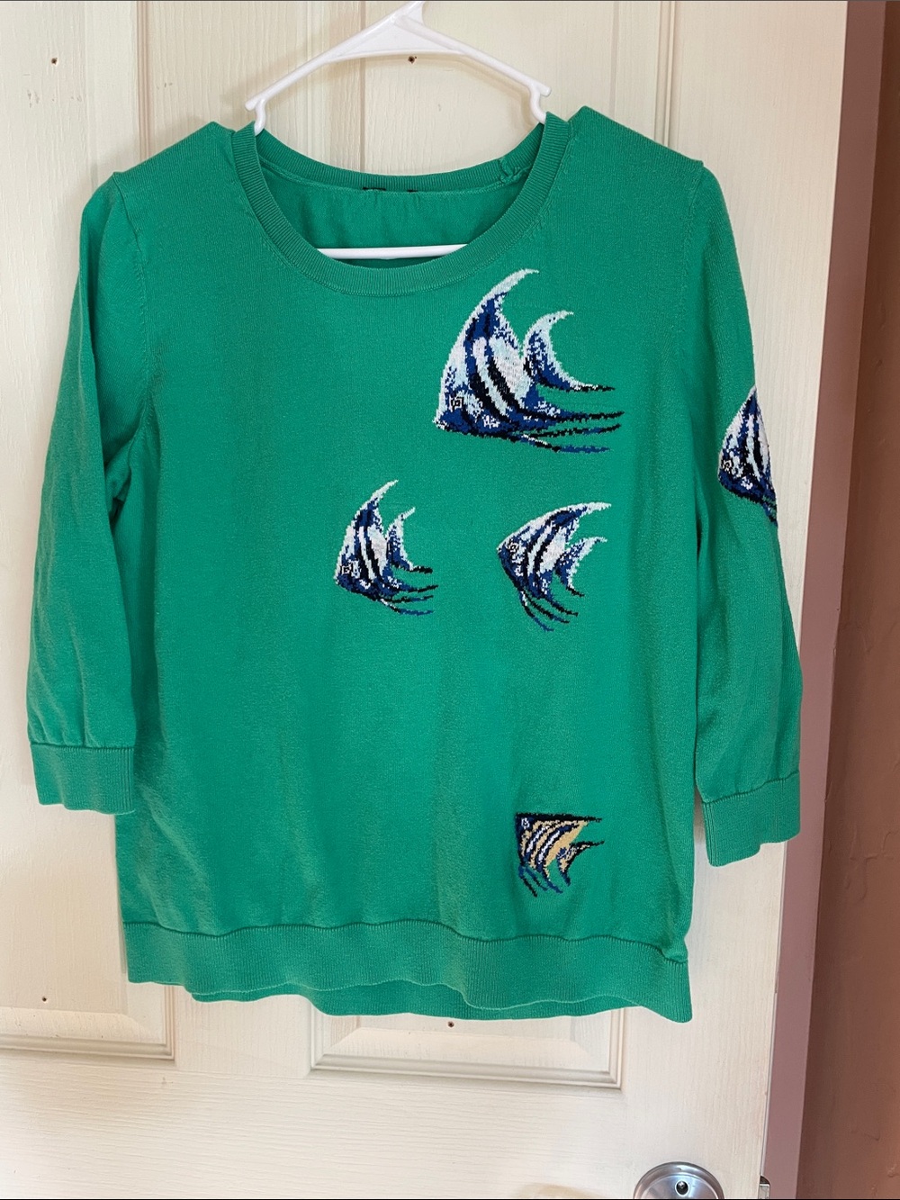 Vintage Green Long-Sleeve Fish-Print Sweater